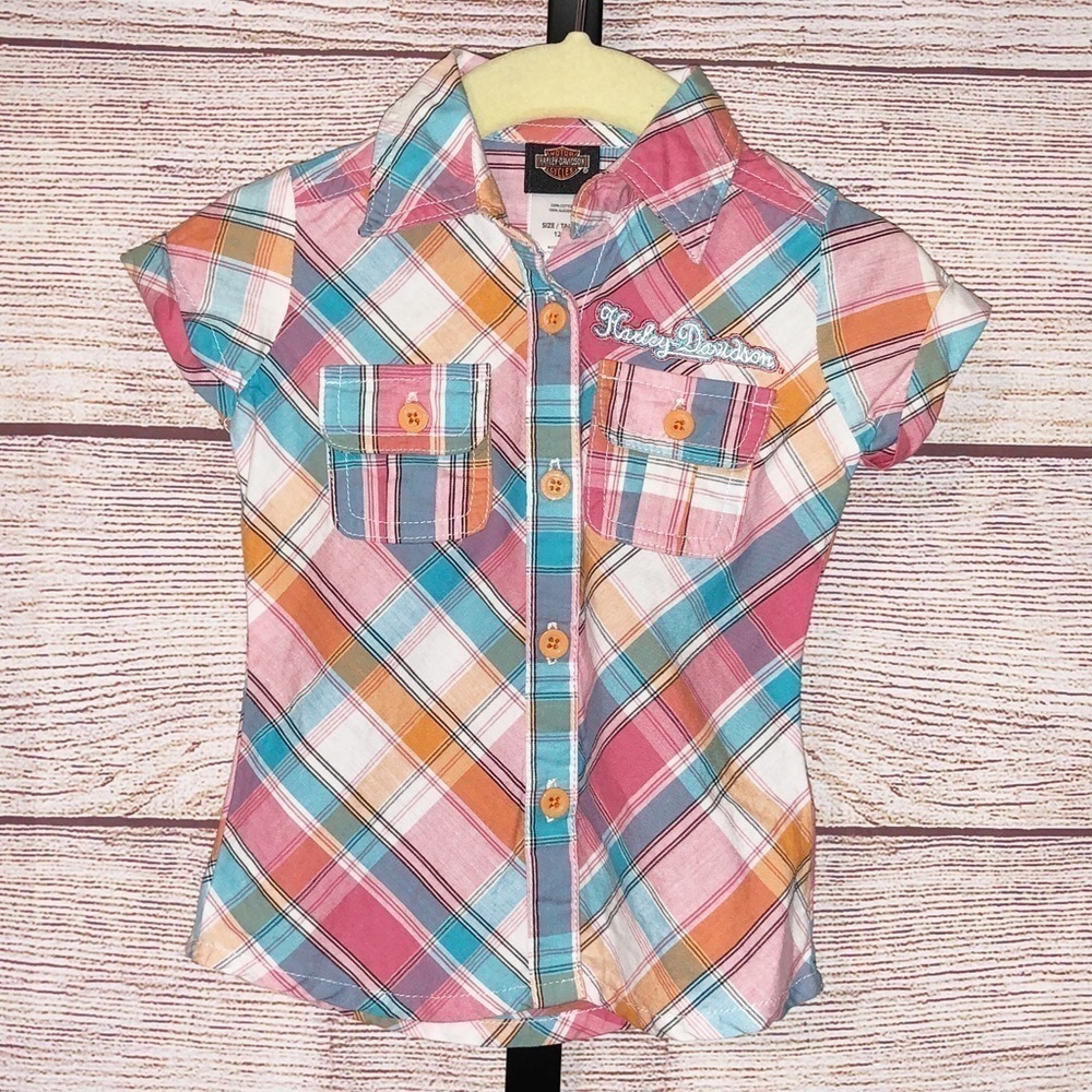 Harley Davidson Pink Blue and Orange Plaid Button Down Short Sleeve Size 12 M